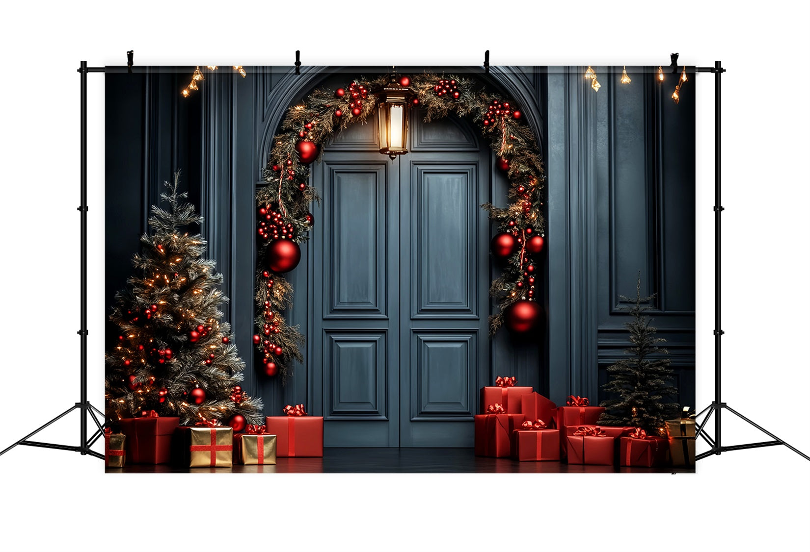 Red Christmas Backdrop Elegant Door Garland Professional Christmas Backdrops LXX59-201