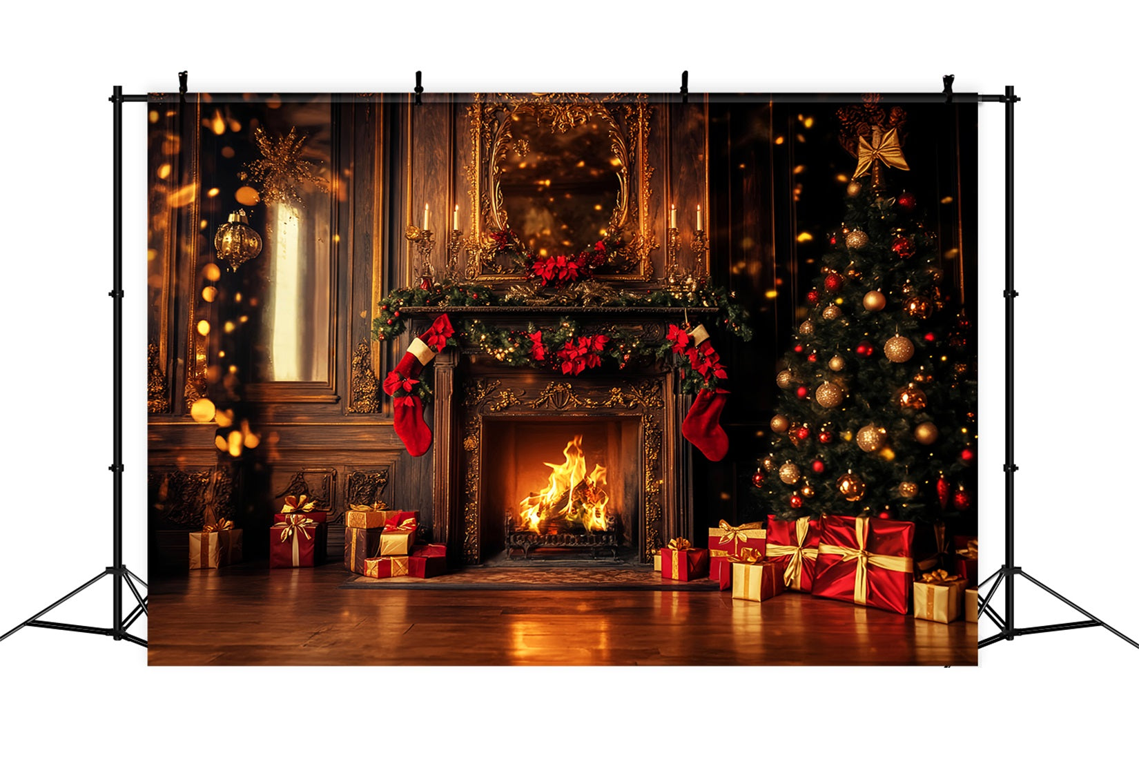 Red Christmas Backdrop Golden Fireplace Stockings Glow Christmas Backdrop LXX59-202