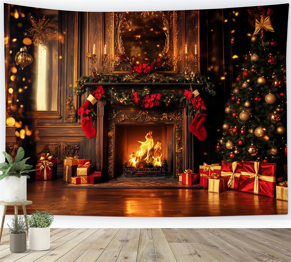 Red Christmas Backdrop Golden Fireplace Stockings Glow Christmas Backdrop LXX59-202