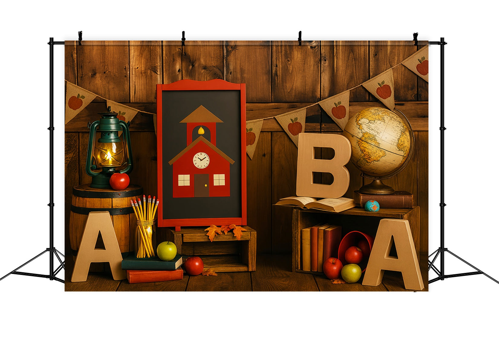 Back To School Backdrop Rustic Classroom Globe Apples School Picture Backdrop LXX59-207