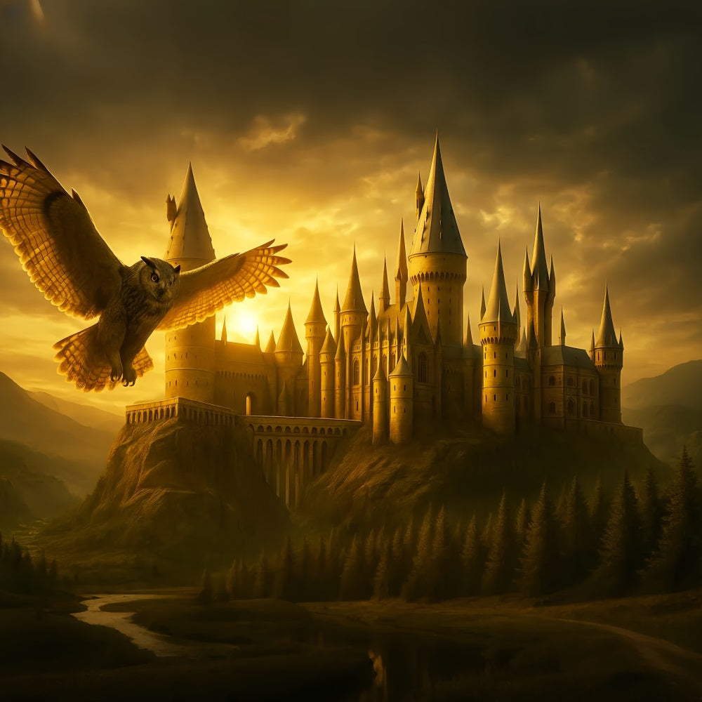 Back To School Backdrop Golden Castle Flying Owl School Picture Backdrop LXX59-213