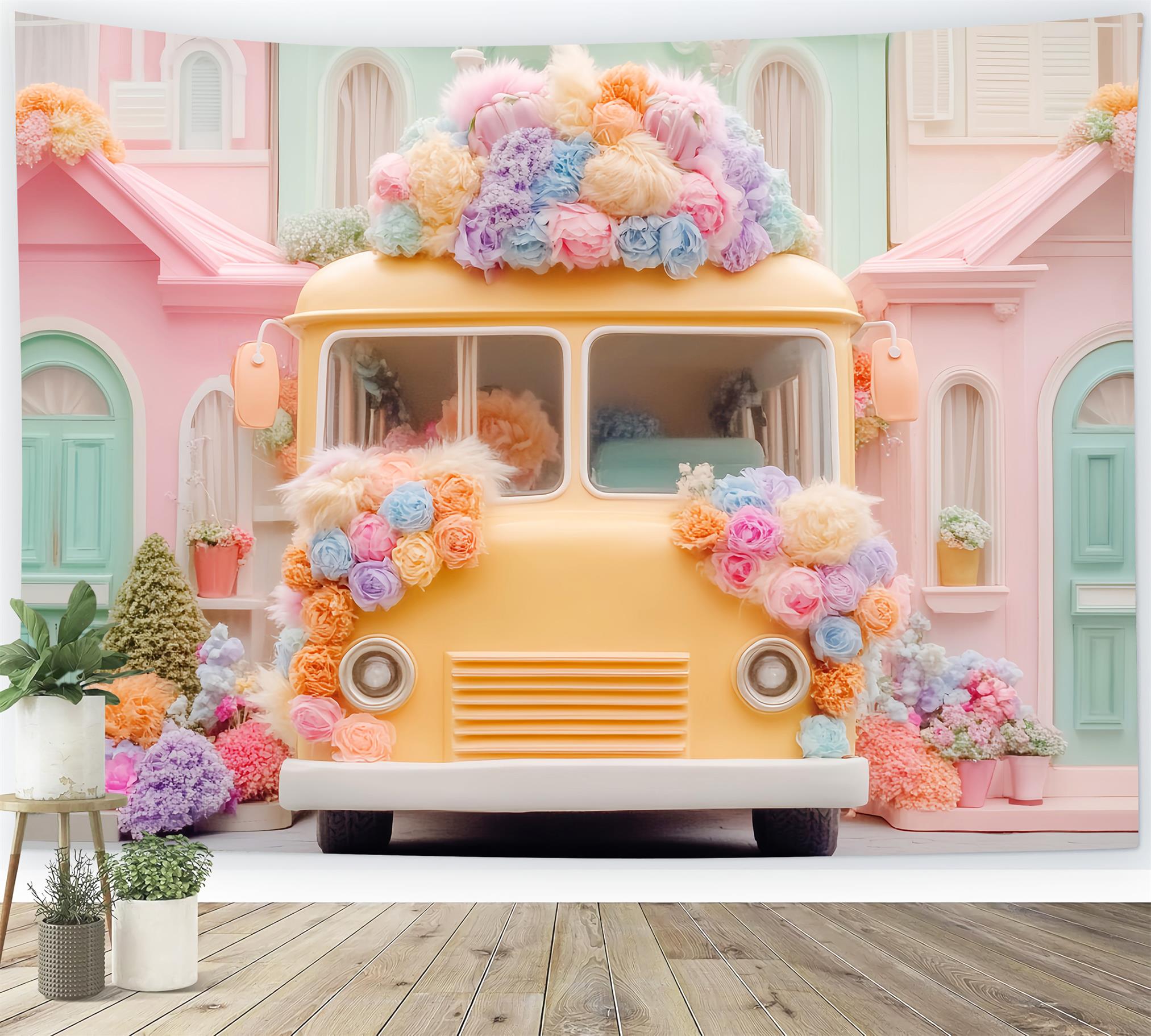 School Bus Backdrop Pastel School Bus Flowers Back To School Backdrops LXX59-220