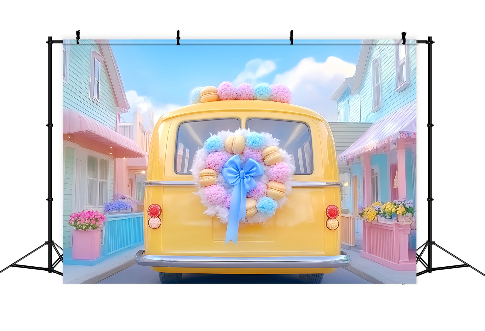 School Bus Backdrop Yellow Bus Pastel Wreath Back To School Backdrop Ideas LXX59-221