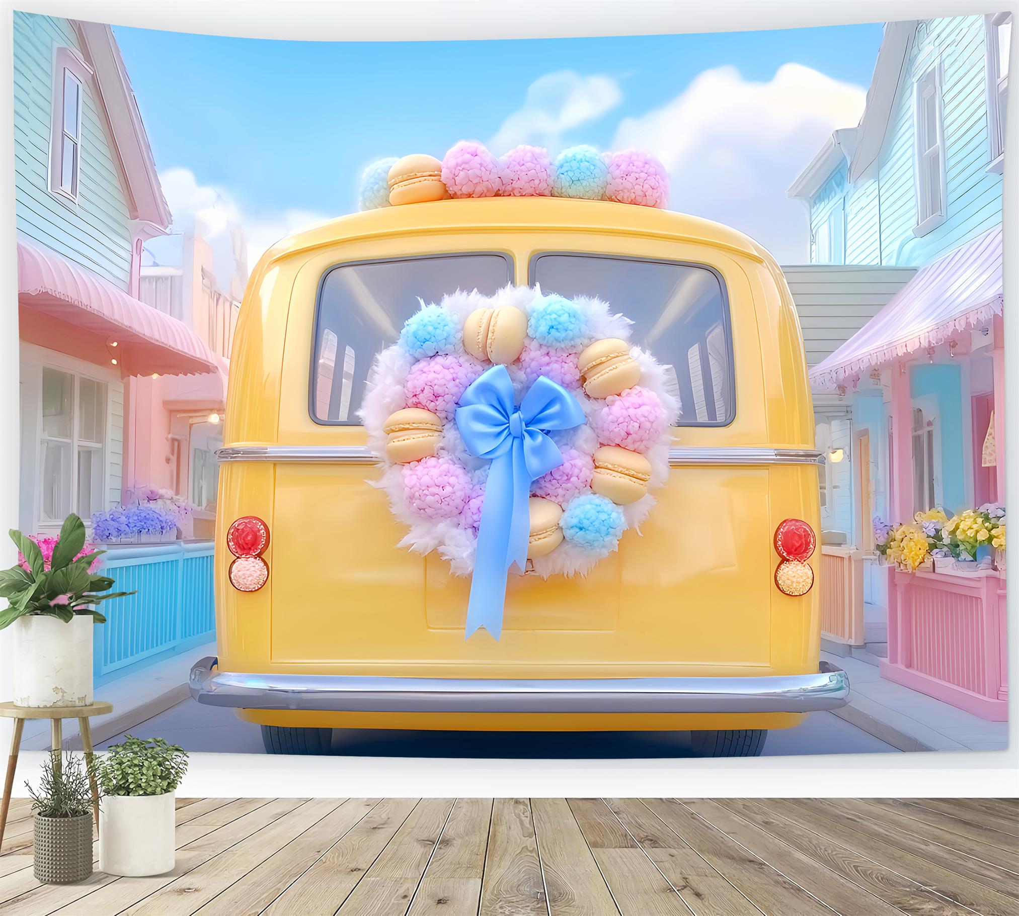 School Bus Backdrop Yellow Bus Pastel Wreath Back To School Backdrop Ideas LXX59-221