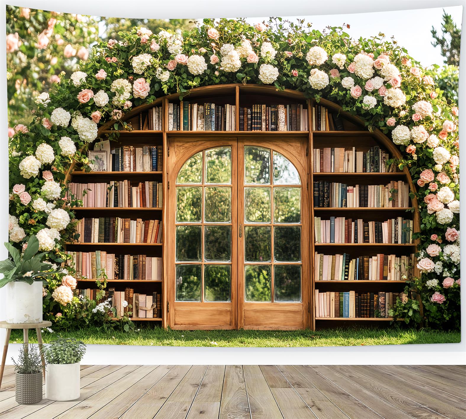 Back To School Backdrops Floral Archway Outdoor Bookshelf School Picture Backdrops LXX59-227