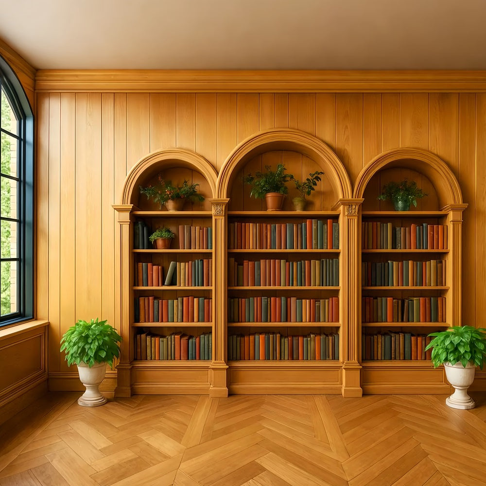 Back To School Backdrops Wooden Bookshelf Green Plants School Picture Backdrop LXX59-231