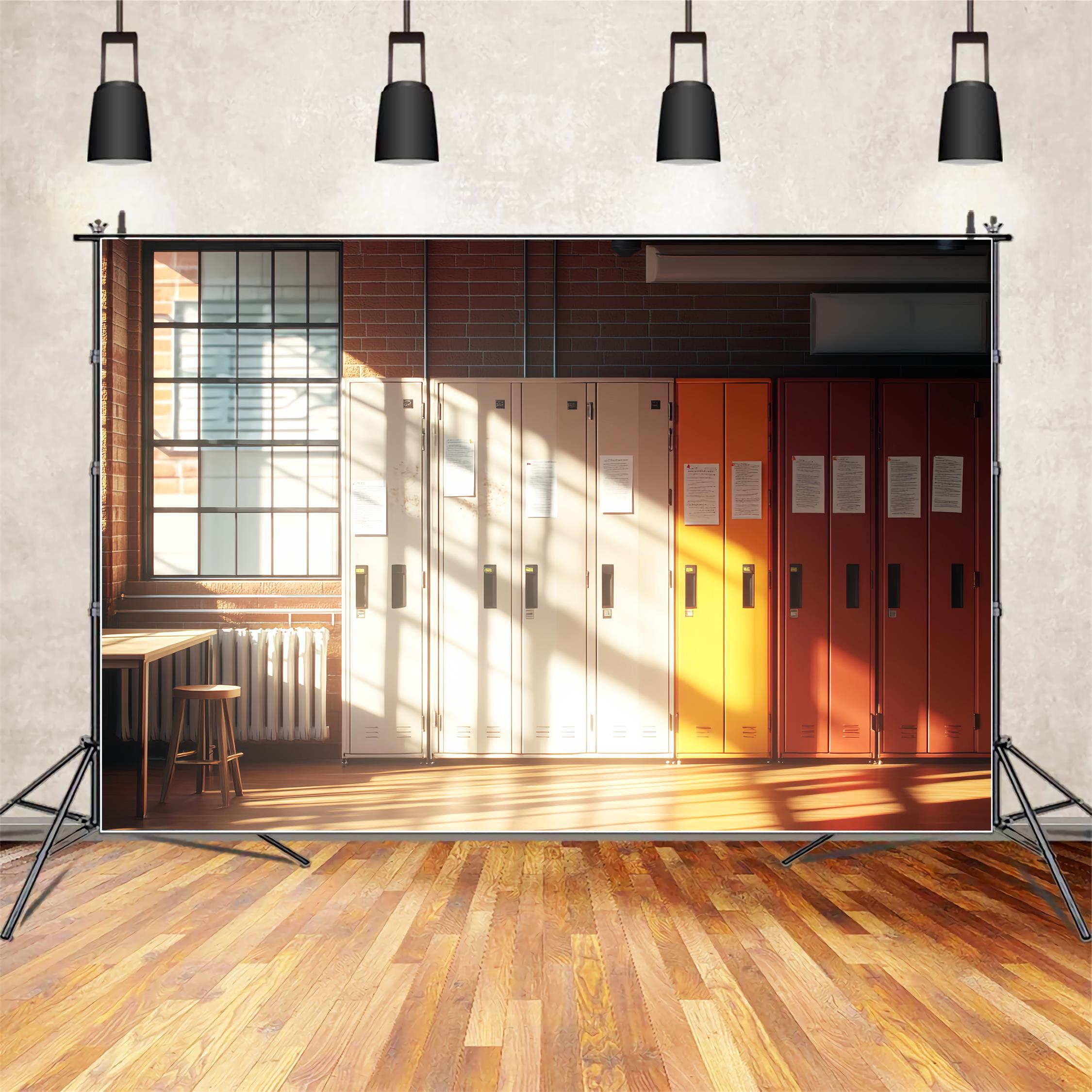 School Hallway Backdrop Bright Sunlit Hallway Lockers School Picture Backdrop LXX59-235
