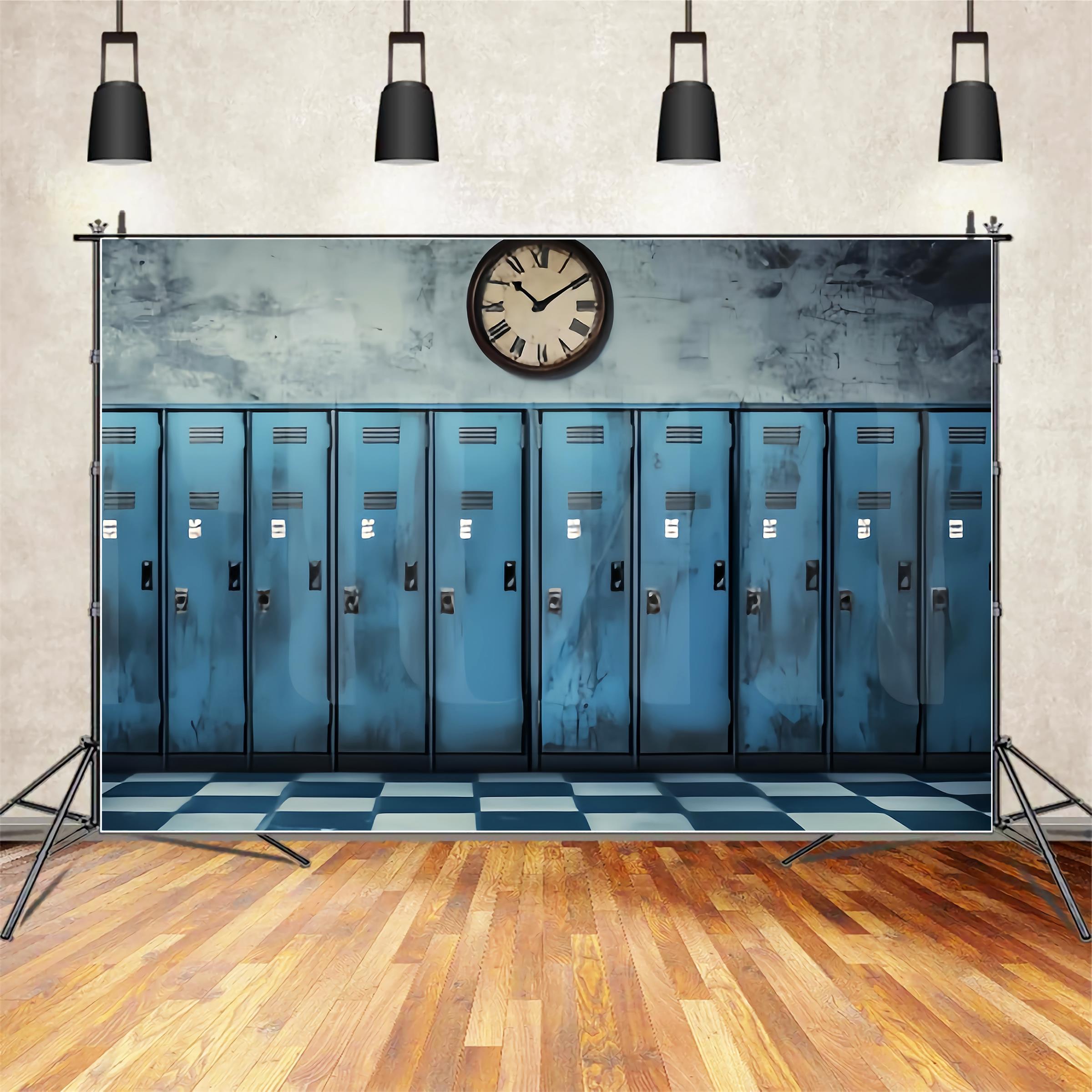 School Hallway Backdrop Vintage Blue Lockers Clock Back To School Backdrop Ideas LXX59-237