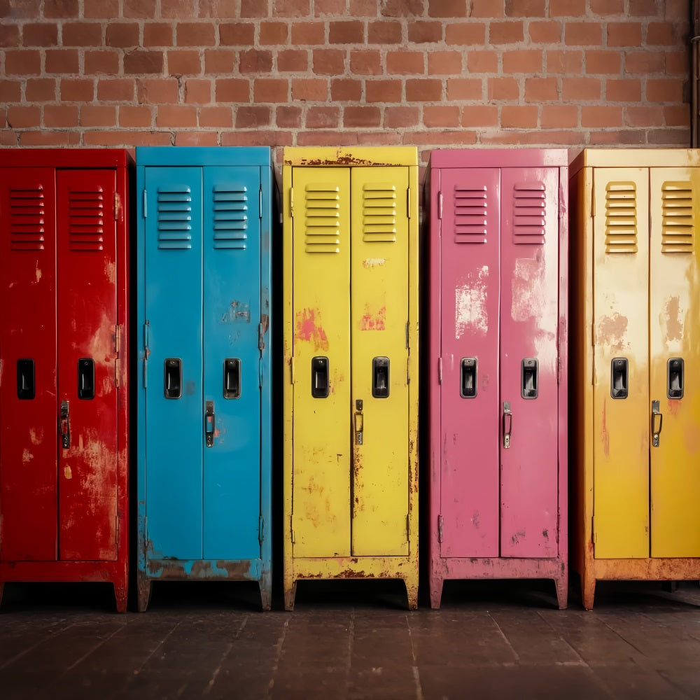 School Locker Backdrop Rustic Colorful Metal Lockers Back To School Backdrops LXX59-238