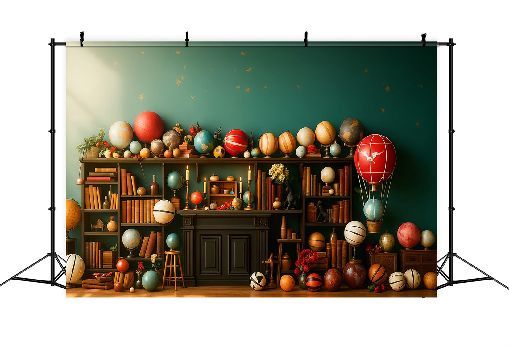 Back To School Backdrop Whimsical Globe Bookshelf Display School Picture Backdrop LXX59-240