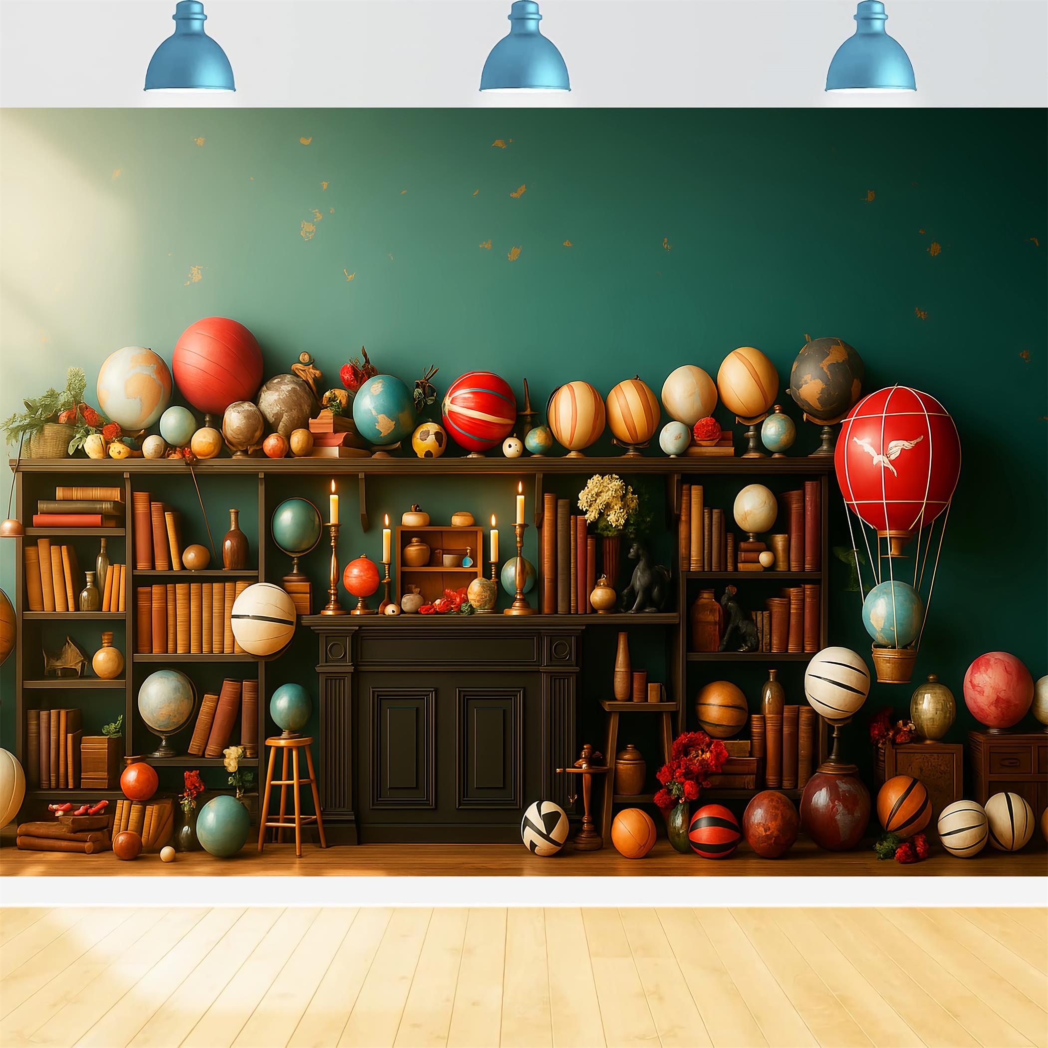 Back To School Backdrop Whimsical Globe Bookshelf Display School Picture Backdrop LXX59-240
