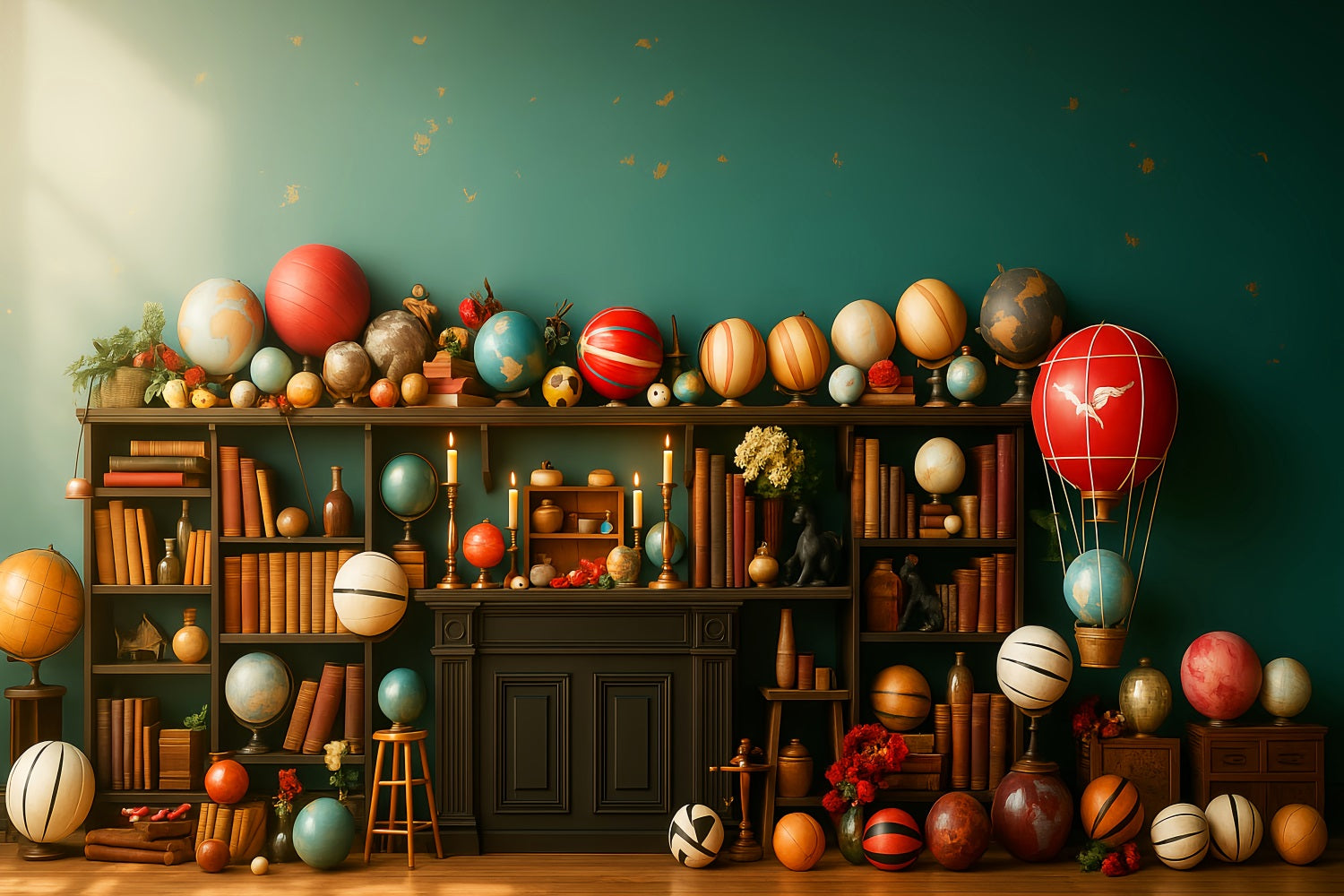 Back To School Backdrop Whimsical Globe Bookshelf Display School Picture Backdrop LXX59-240