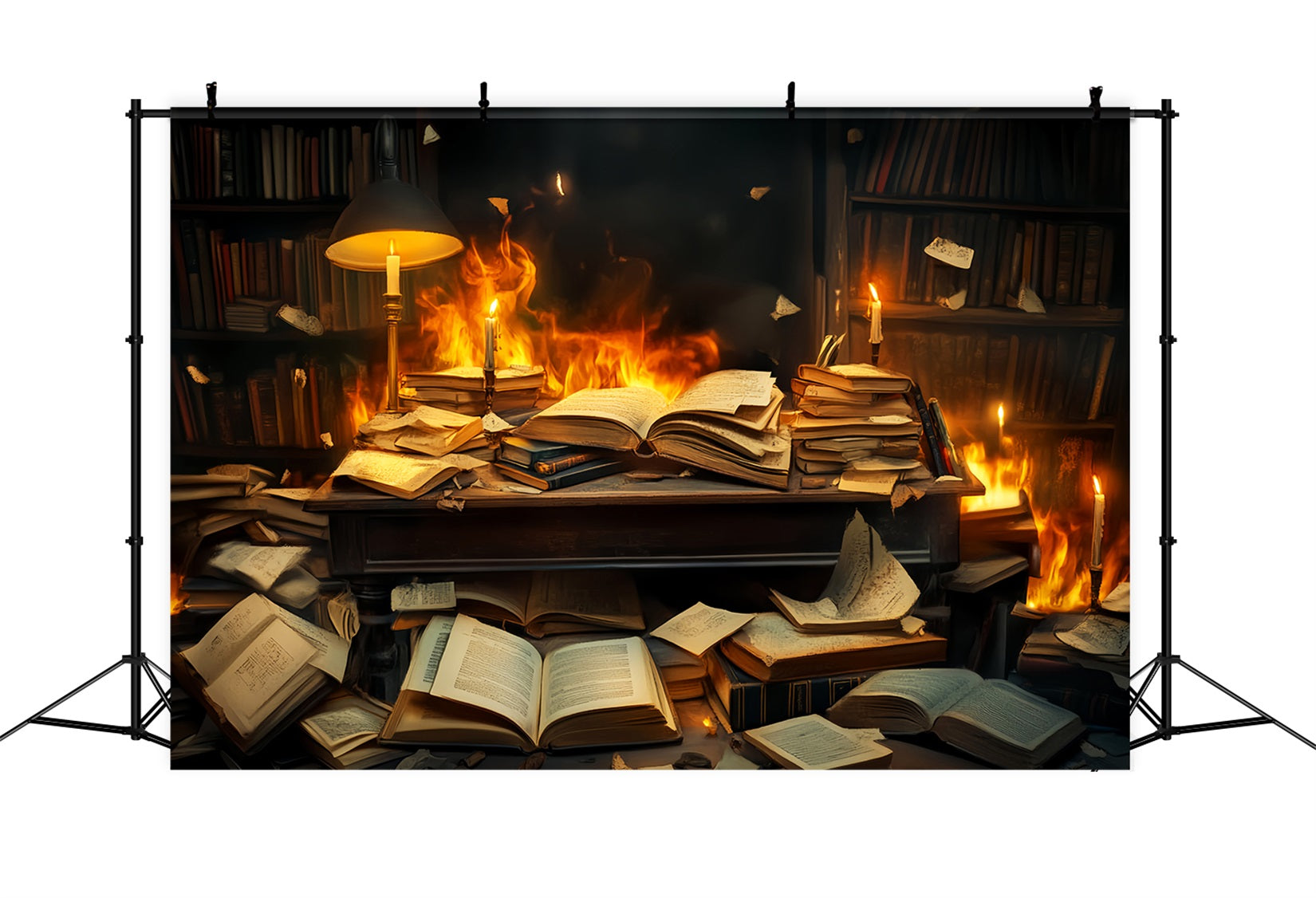 Back To School Backdrop Burning Books Chaotic Desk School Picture Backdrop LXX59-244