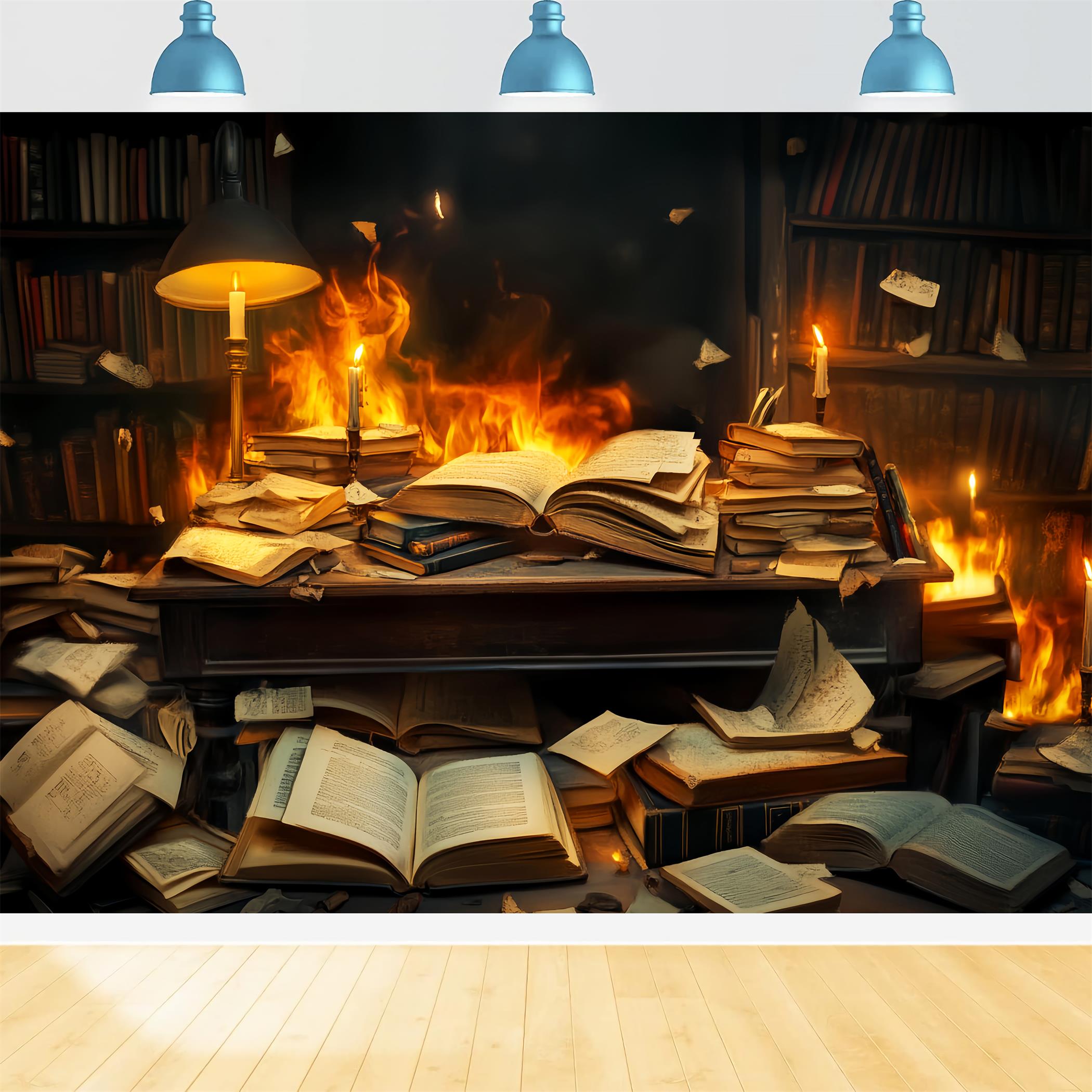 Back To School Backdrop Burning Books Chaotic Desk School Picture Backdrop LXX59-244