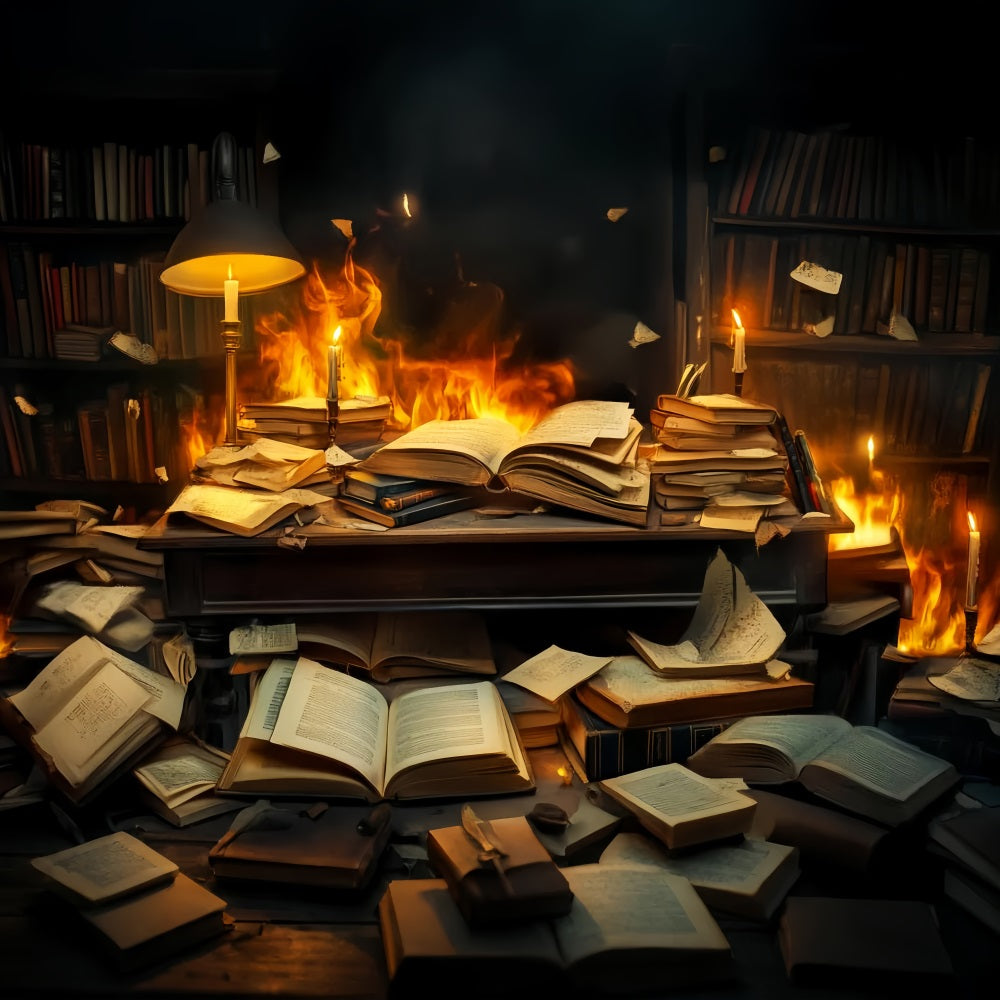 Back To School Backdrop Burning Books Chaotic Desk School Picture Backdrop LXX59-244