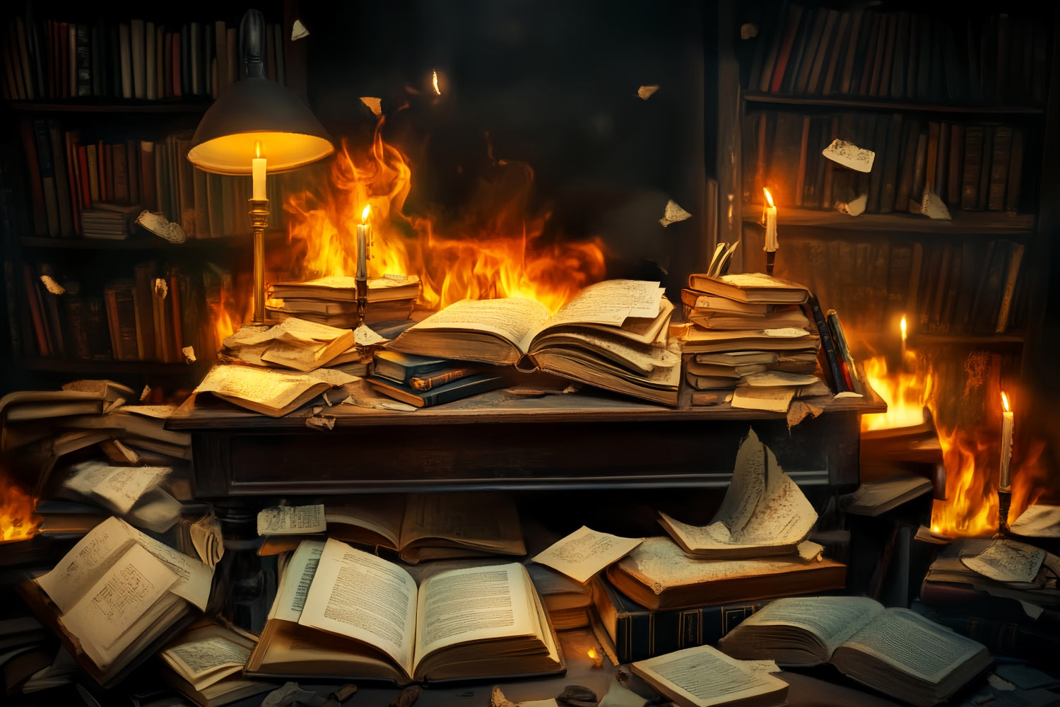 Back To School Backdrop Burning Books Chaotic Desk School Picture Backdrop LXX59-244