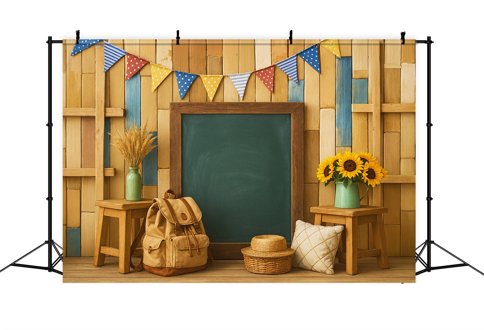 Back To School Backdrop Wooden Blackboard Backpack Setup Back To School Backdrop Ideas LXX59-247