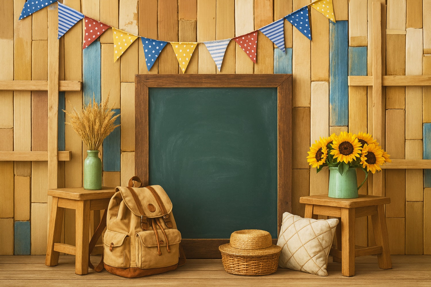 Back To School Backdrop Wooden Blackboard Backpack Setup Back To School Backdrop Ideas LXX59-247
