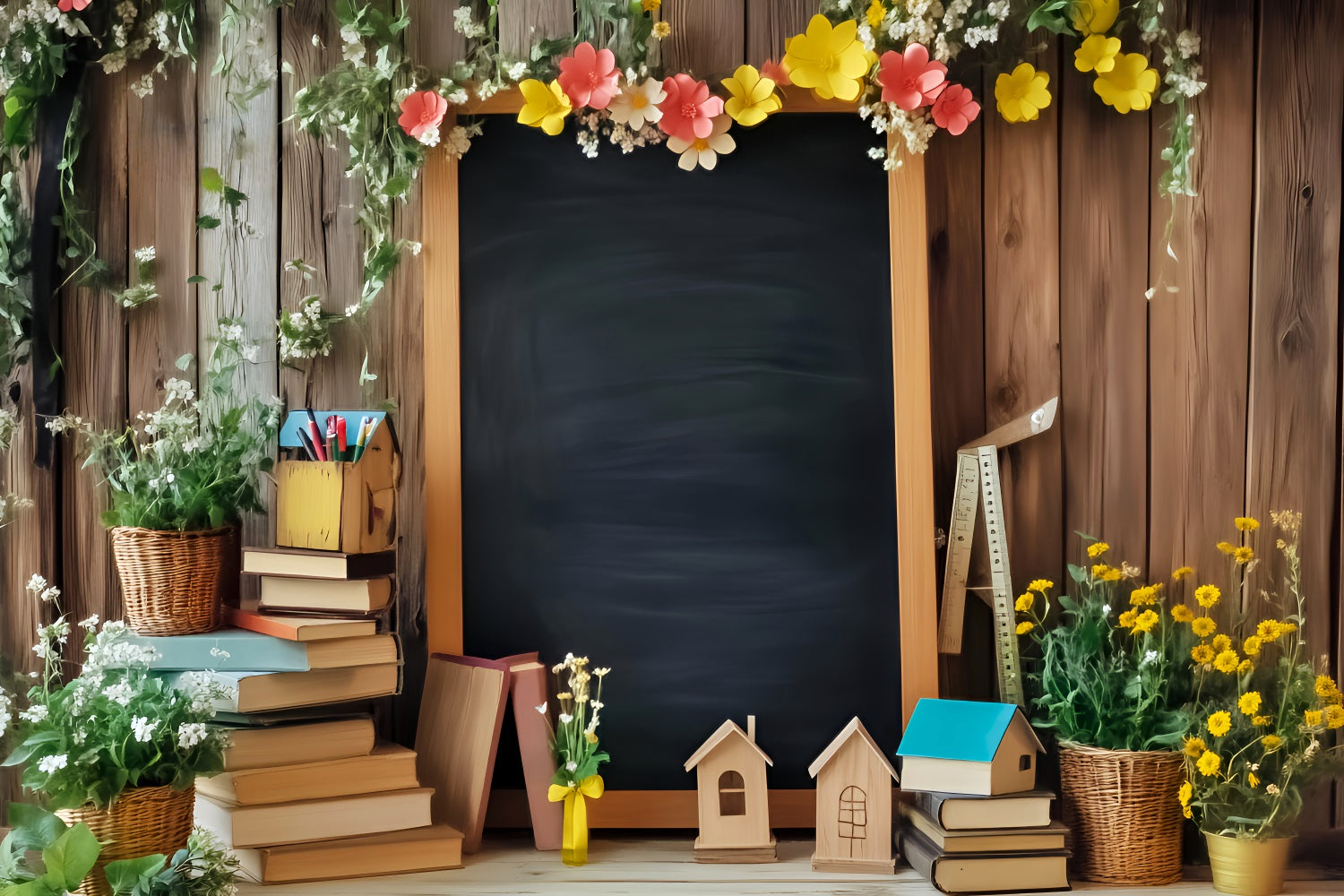 Back To School Backdrop Floral Blackboard Books Display Back To School Photo Backdrops LXX59-248