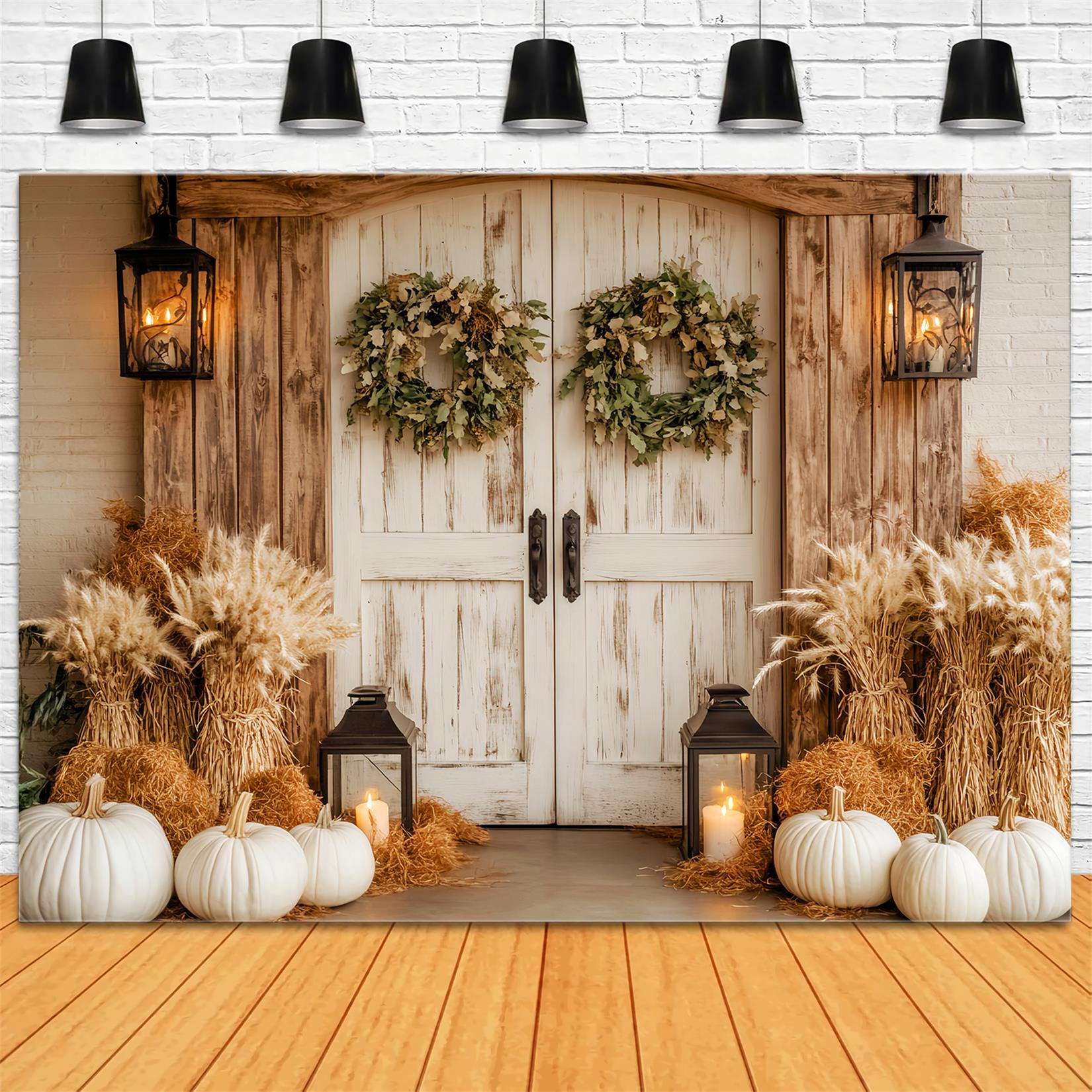 Barn Door Backdrop Rustic White Pumpkins Lanterns Fall Backdrop LXX59-259