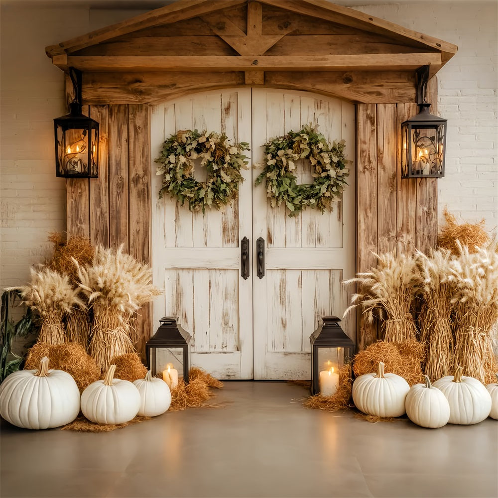 Barn Door Backdrop Rustic White Pumpkins Lanterns Fall Backdrop LXX59-259