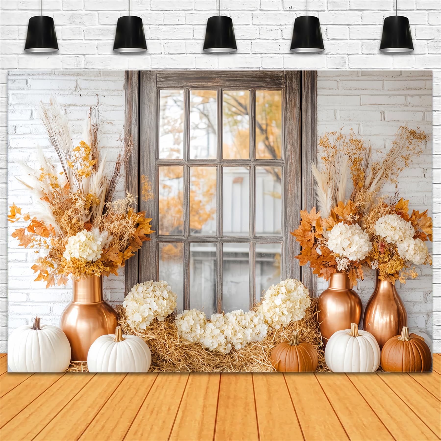 Fall Backdrop Autumn Flowers Pumpkin Window Fall Backdrops LXX59-261