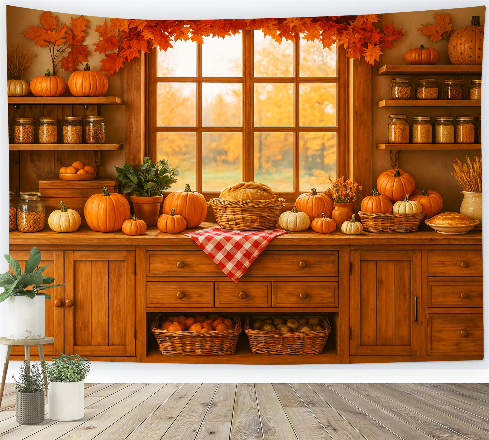 Kitchen Backdrop Pumpkin Harvest Kitchen Corner Autumn Backdrops LXX59-271