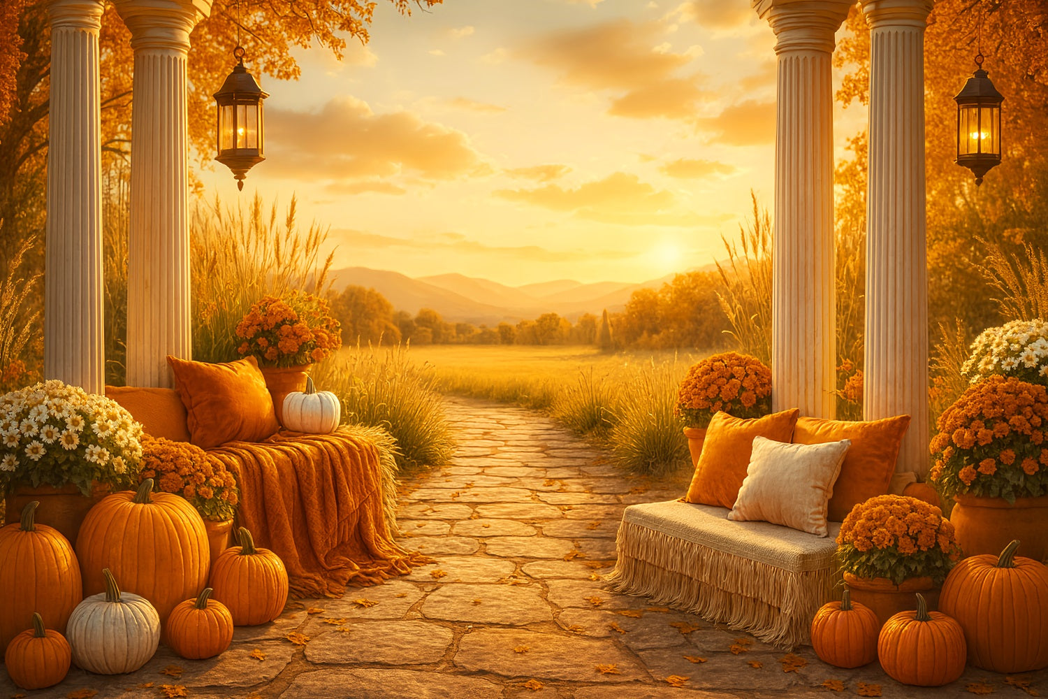 Rustic Backdrop Golden Autumn Sunset Porch Fall Backdrops for Photography LXX59-276
