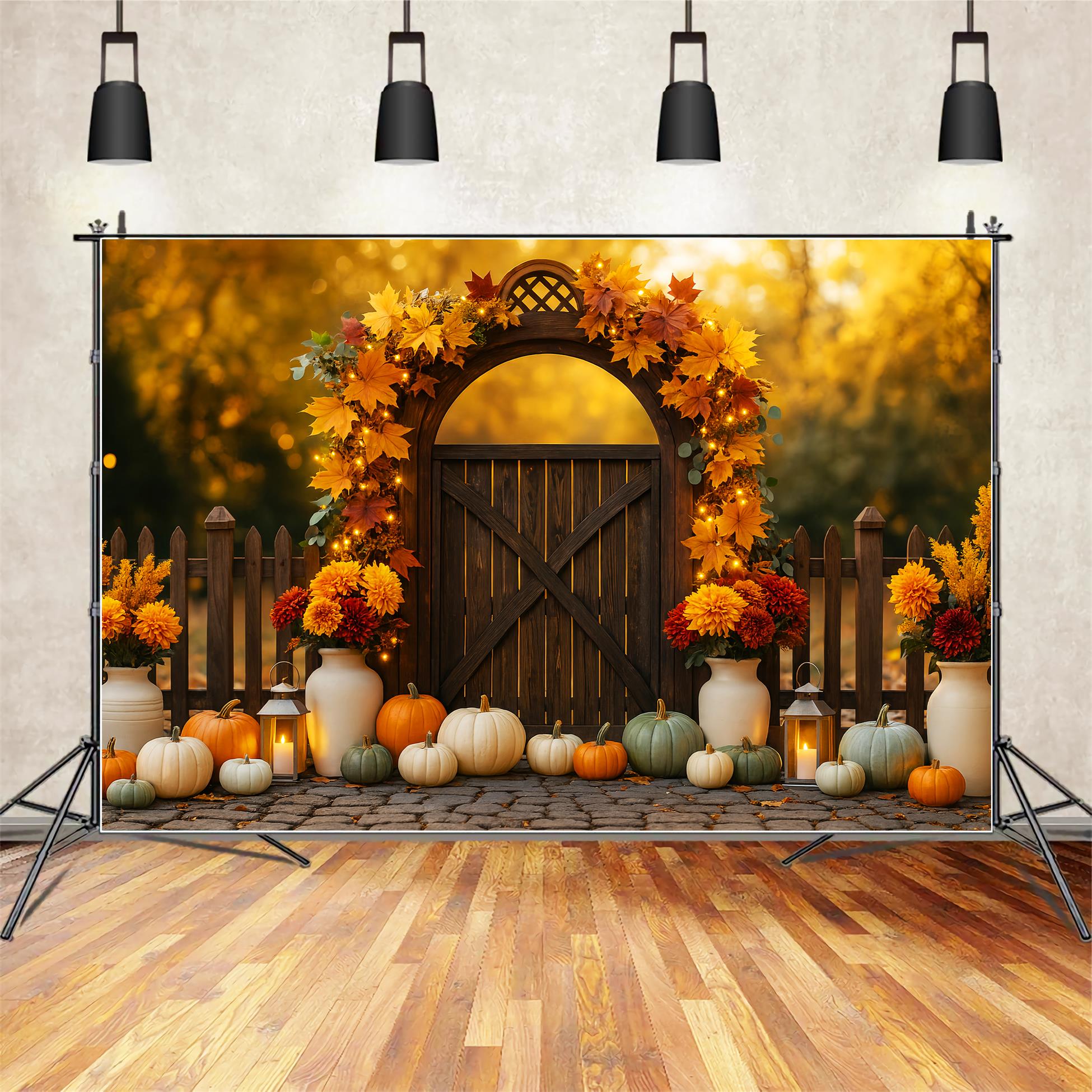 Fall Outdoor Backdrop Autumn Gate Pumpkins Lights Fall Backdrops LXX59-287