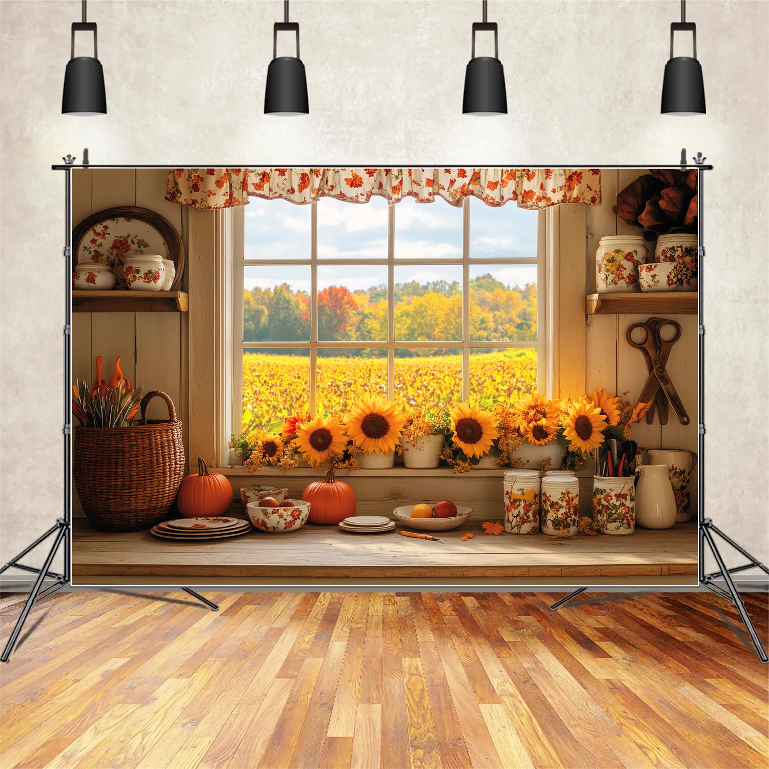Kitchen Backdrop Cozy Autumn Kitchen Sunflowers Fall Backdrops LXX59-291