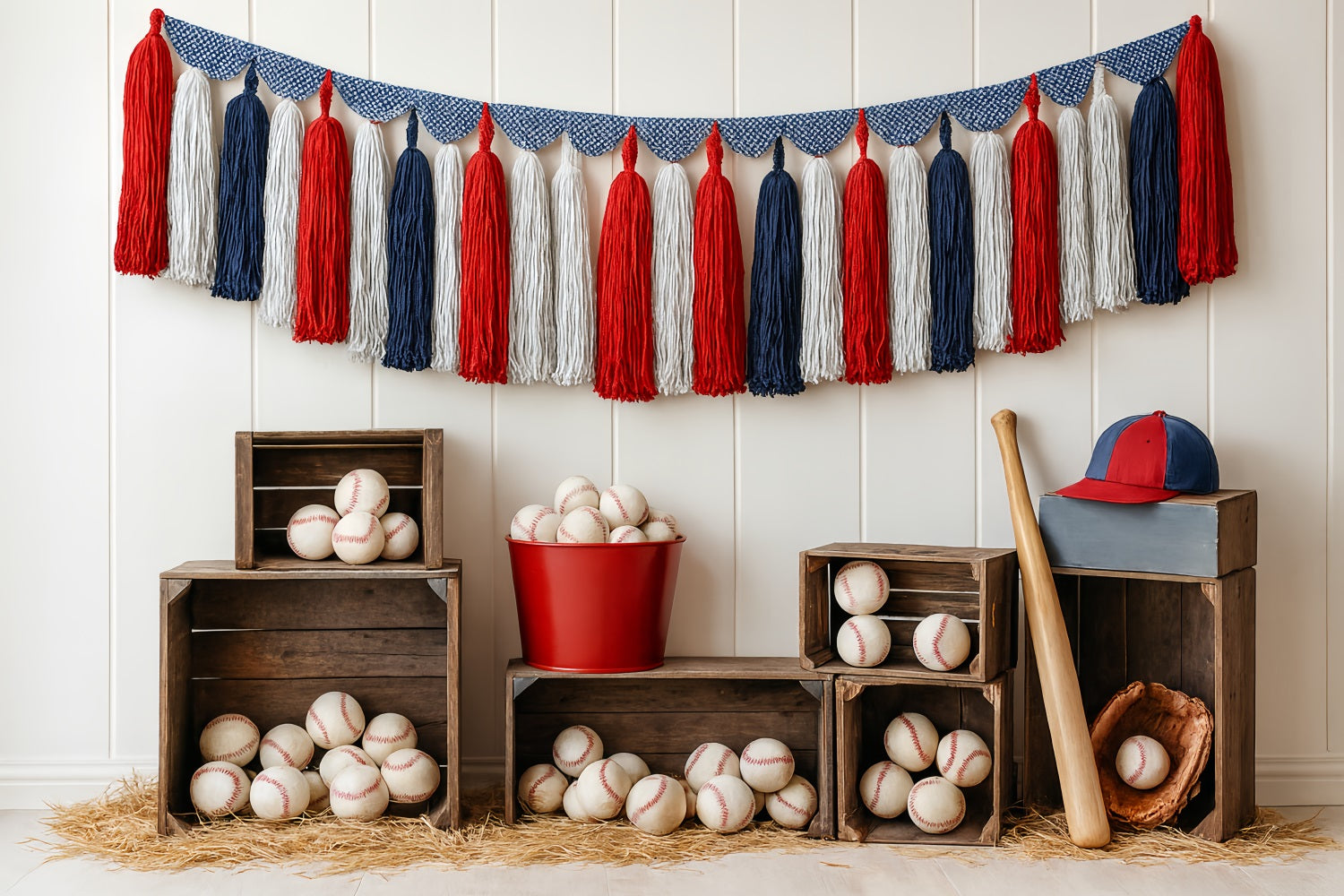 Sports Backdrop Baseball Tassel Crates Arrangement Baseball Backdrop LXX59-296