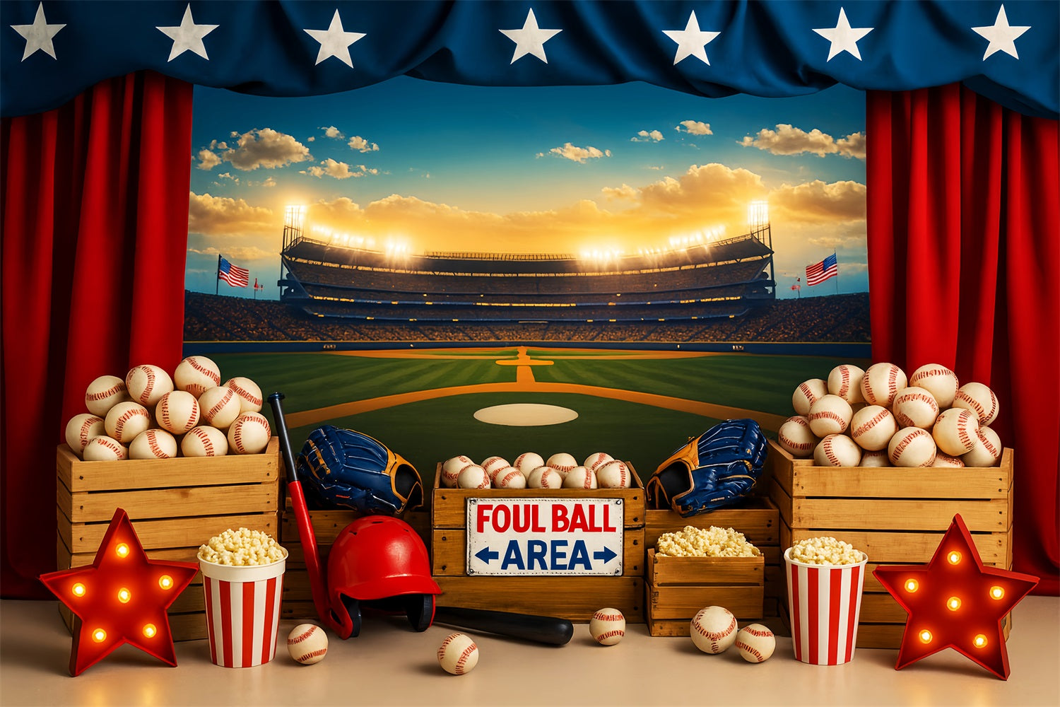 Baseball Backdrop Baseball Stadium Popcorn Lights Sports Backdrop LXX59-298