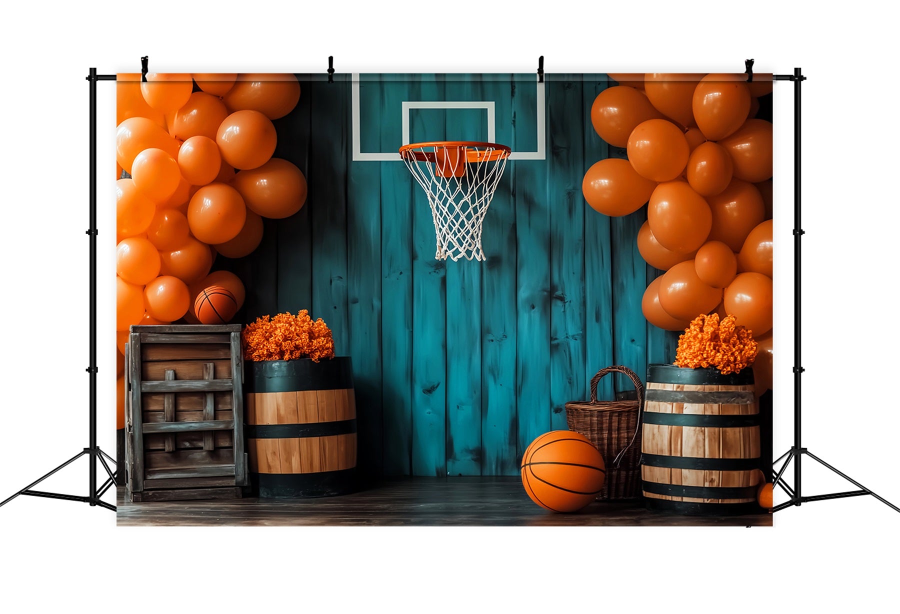 Sports Backdrop Rustic Basketball Hoop Balloons Basketball Backdrop LXX59-313