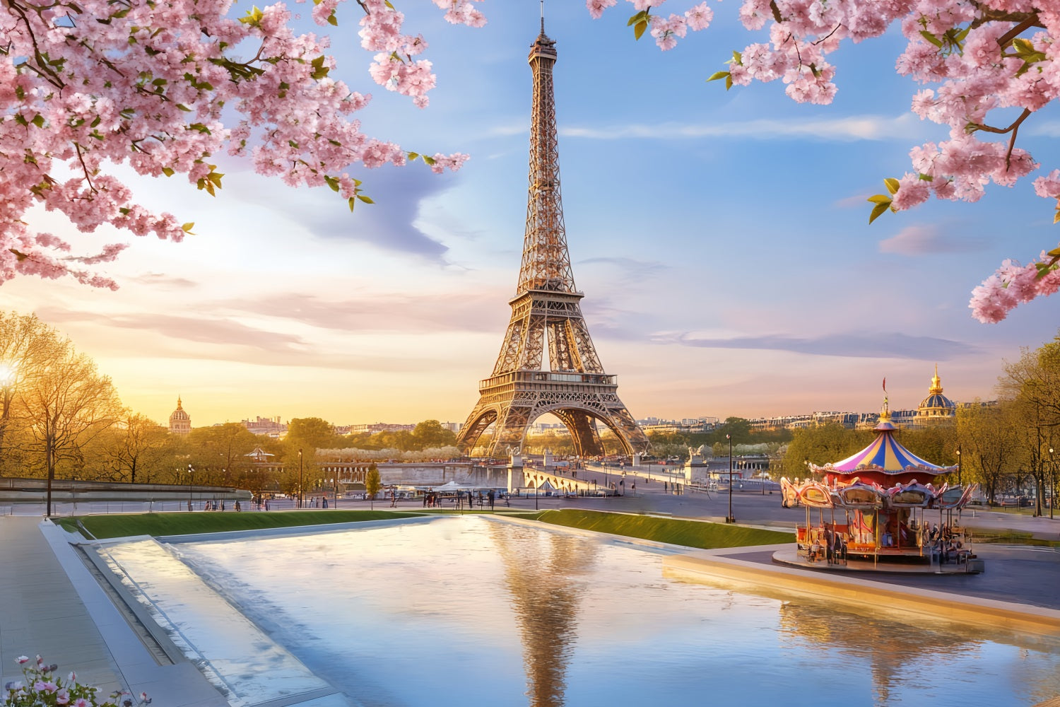 French Town Eiffel Tower Blossom Carousel Paris Backdrop LXX59-33