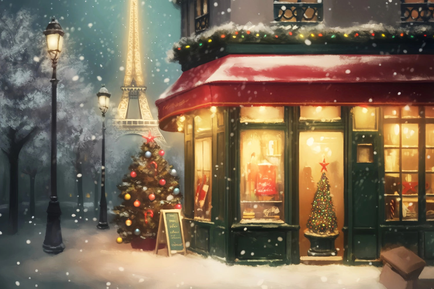 Paris Street Backdrops Snowy Christmas Night Eiffel Tower Paris Backdrop LXX59-38