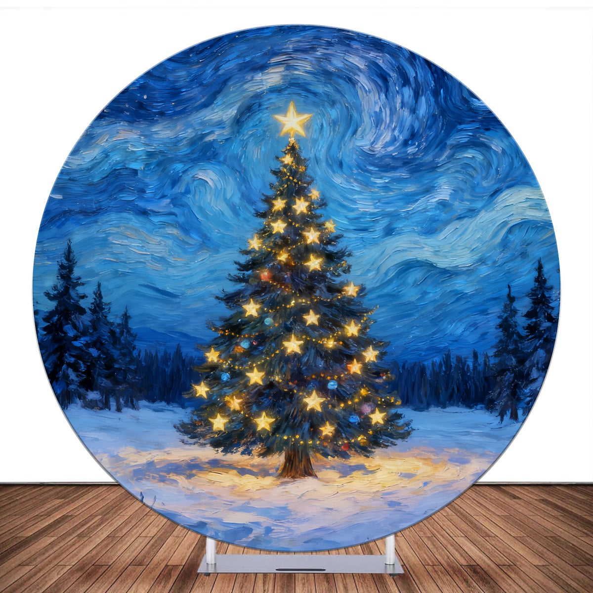 Custom Round Backdrop Starry Night Forest Trees Christmas Backdrop LXX59-386