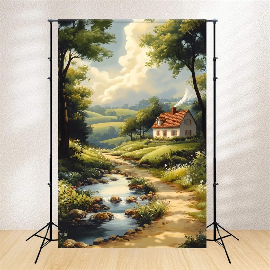 Europe Backdrop Countryside Cottage River Path Paris Backdrops LXX59-49