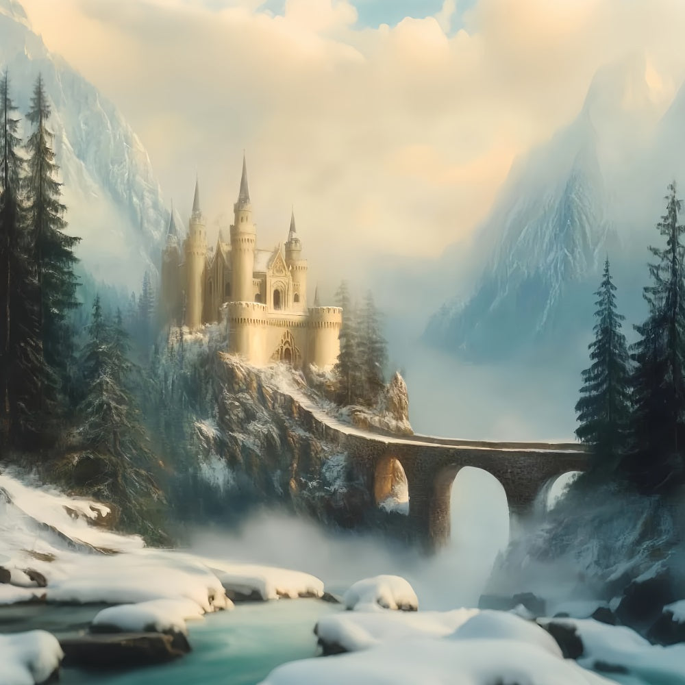 Europe Backdrop Misty Castle Mountain Bridge European Backdrop LXX59-52