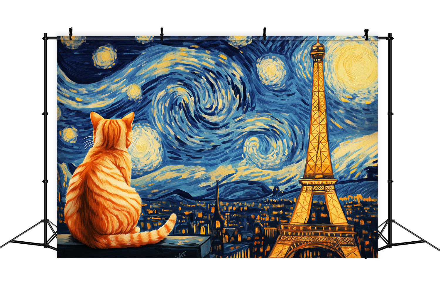 Paris Backdrop Starry Night Cat View Eiffel Tower Paris Backdrop LXX59-61