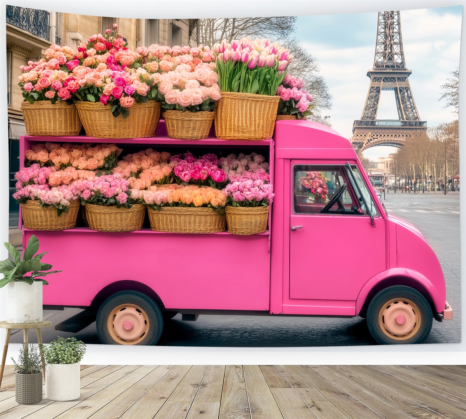 Paris Backdrops Pink Flower Truck Eiffel Tower Paris Backdrop LXX59-73