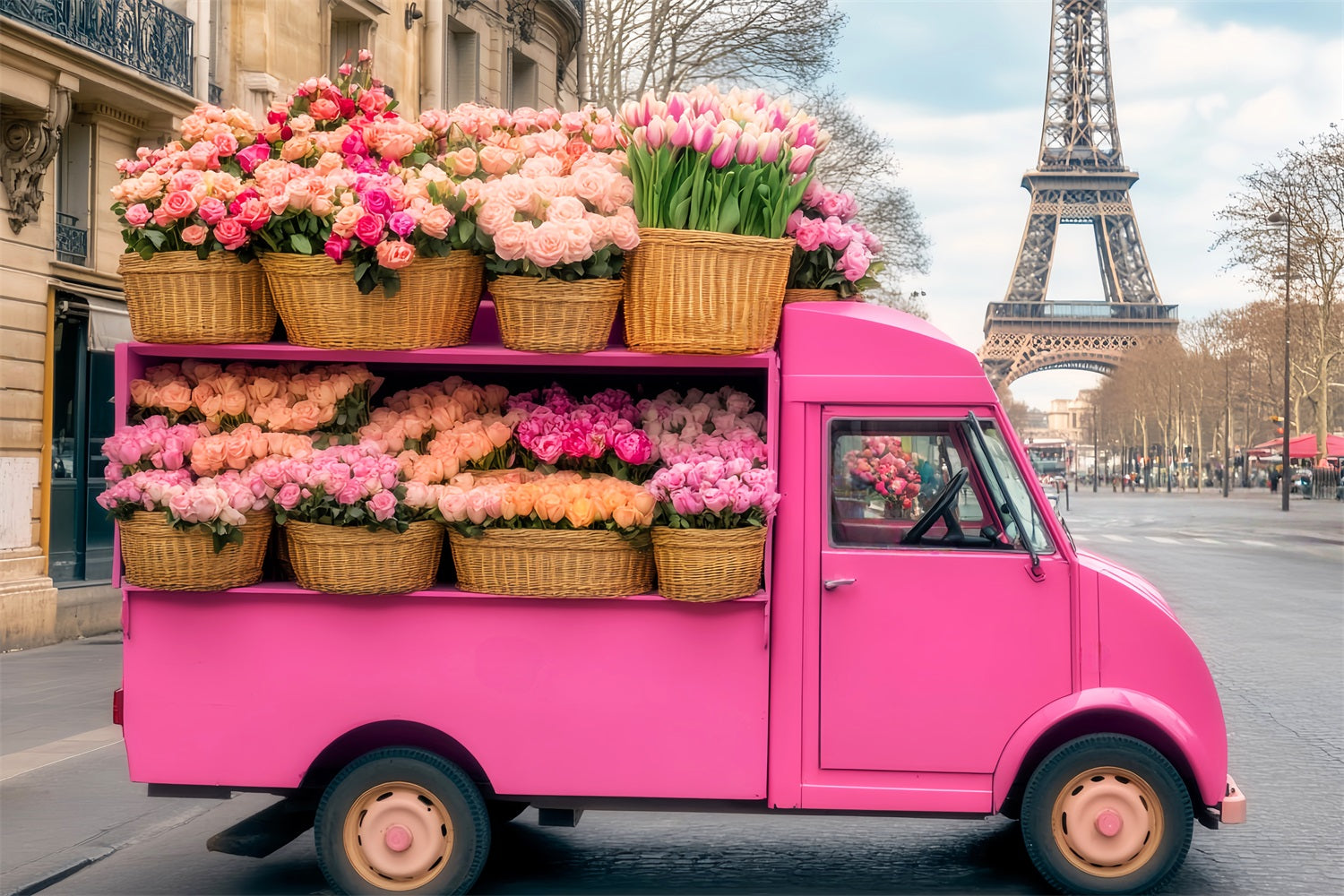 Paris Backdrops Pink Flower Truck Eiffel Tower Paris Backdrop LXX59-73