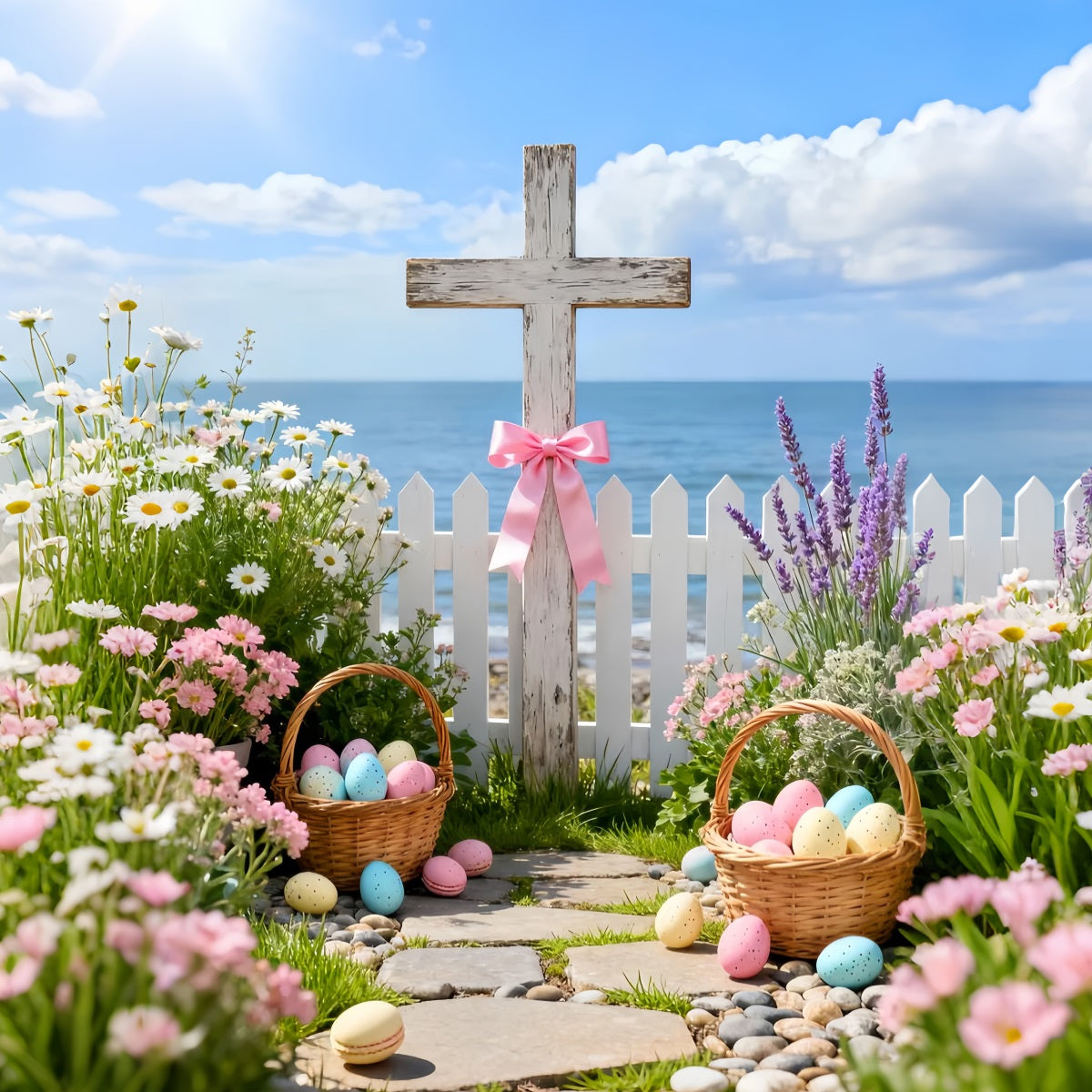 Cross Backdrop Wildflower Bouquet Egg Basket Easter Backdrop Photography LXX61-100