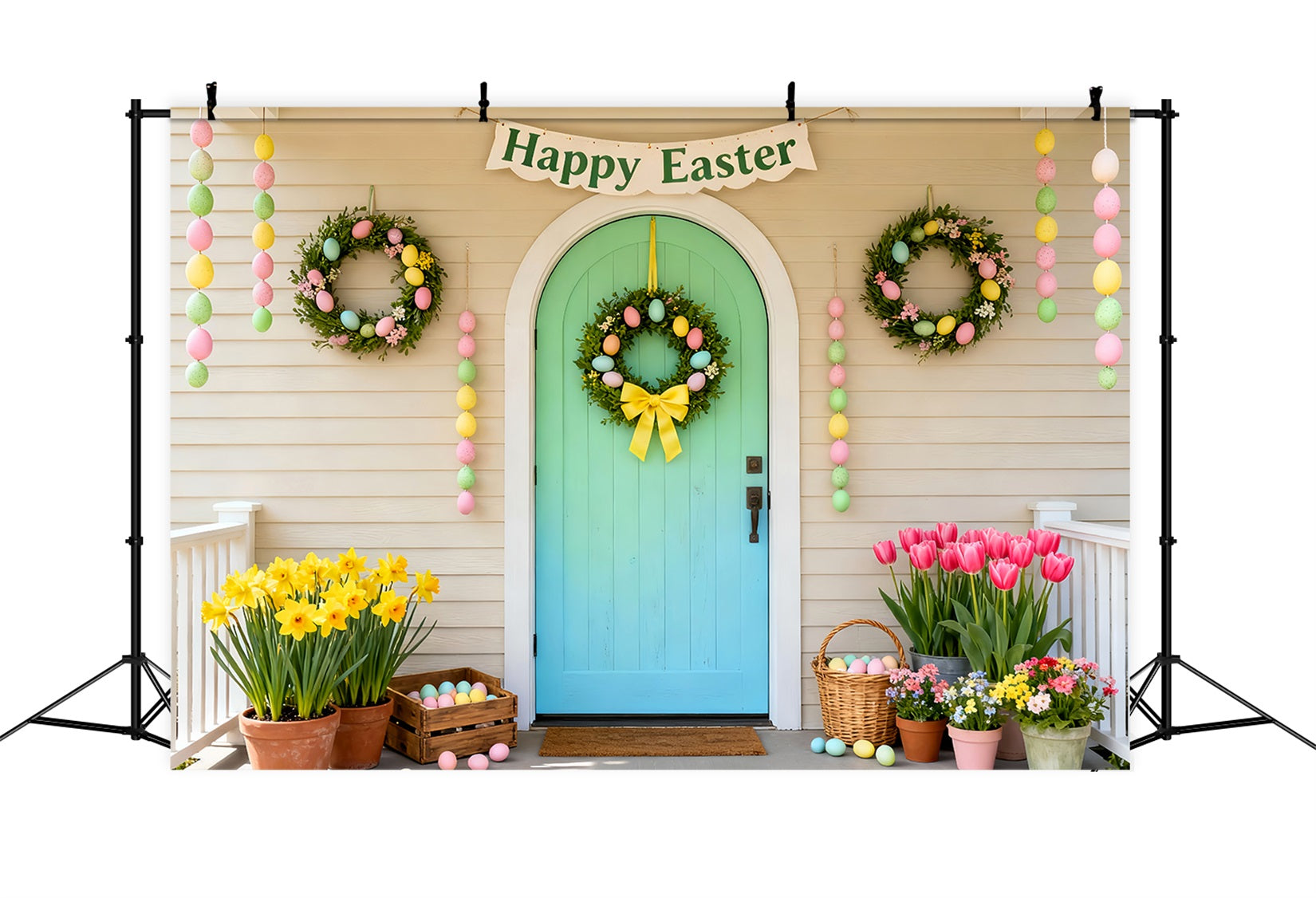 Happy Easter Backdrop Mint Door Pastel Wreath Porch Easter Picture Backdrops LXX61-103