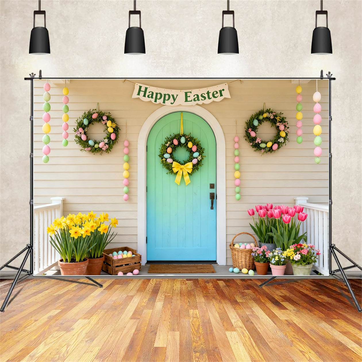 Happy Easter Backdrop Mint Door Pastel Wreath Porch Easter Picture Backdrops LXX61-103