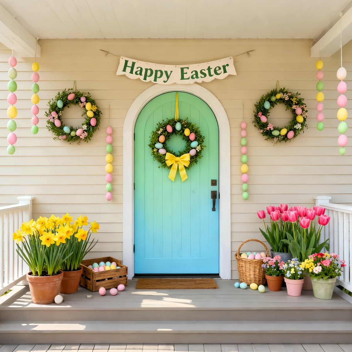 Happy Easter Backdrop Mint Door Pastel Wreath Porch Easter Picture Backdrops LXX61-103