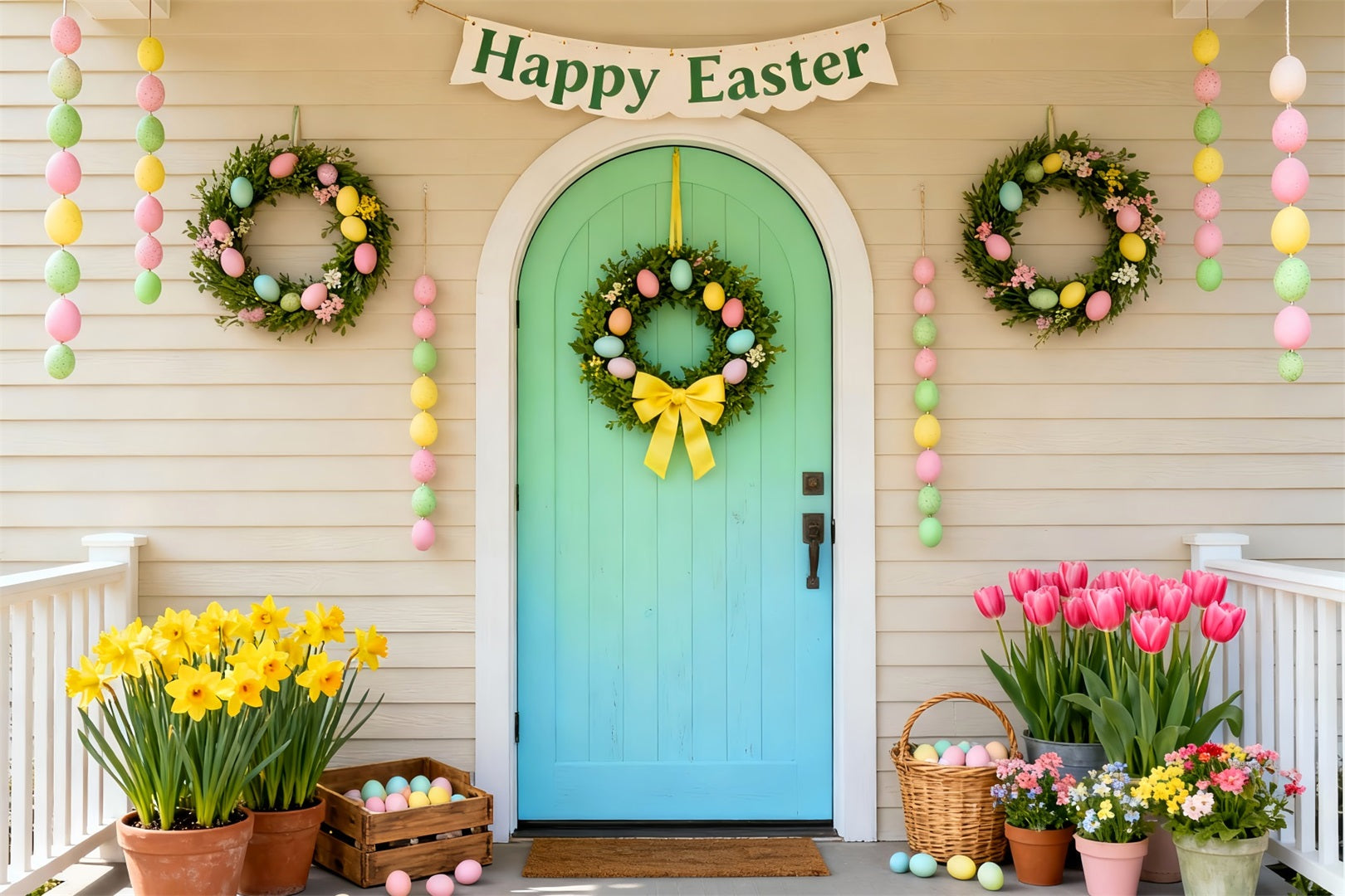 Happy Easter Backdrop Mint Door Pastel Wreath Porch Easter Picture Backdrops LXX61-103