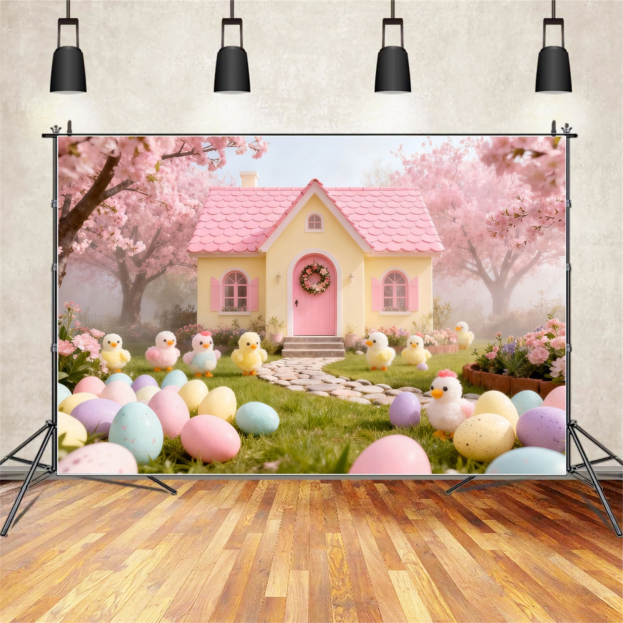 Marshmallow Chick Backdrop Cherry Blossom Cottage Garden Easter Photo Backdrop Ideas LXX61-104