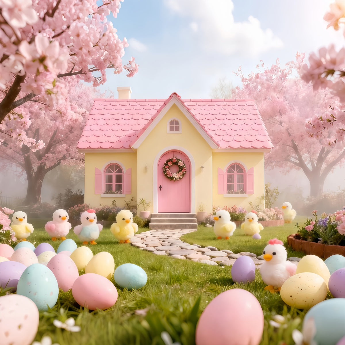 Marshmallow Chick Backdrop Cherry Blossom Cottage Garden Easter Photo Backdrop Ideas LXX61-104