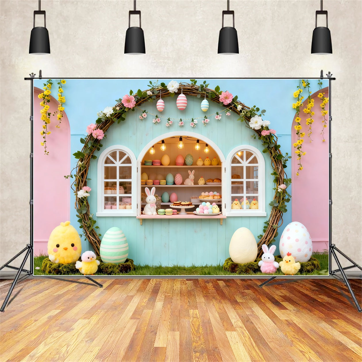 Marshmallow Chick Backdrop Pastel Arch Bunny Bakery Stand Easter Photo Backdrop Ideas LXX61-105