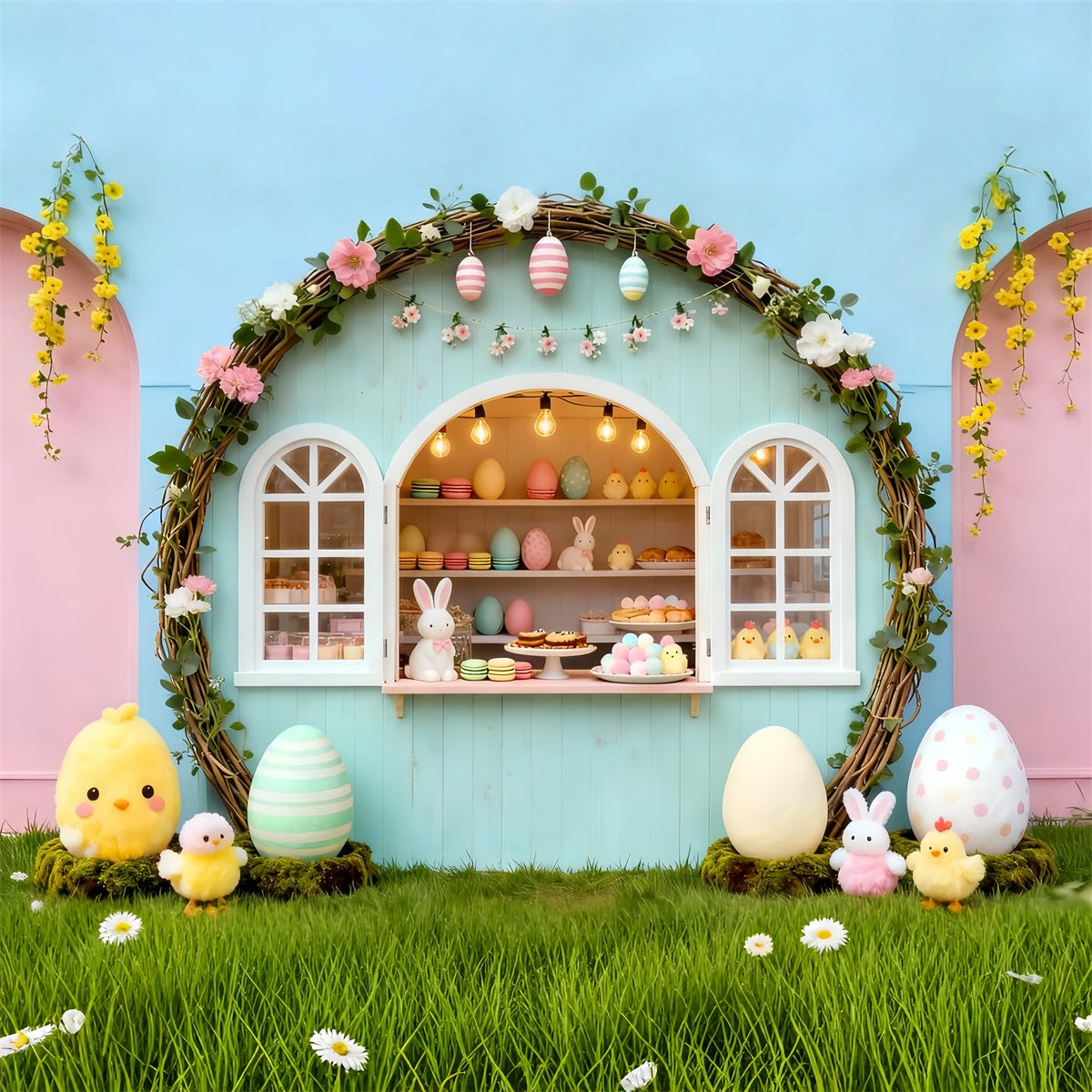 Marshmallow Chick Backdrop Pastel Arch Bunny Bakery Stand Easter Photo Backdrop Ideas LXX61-105